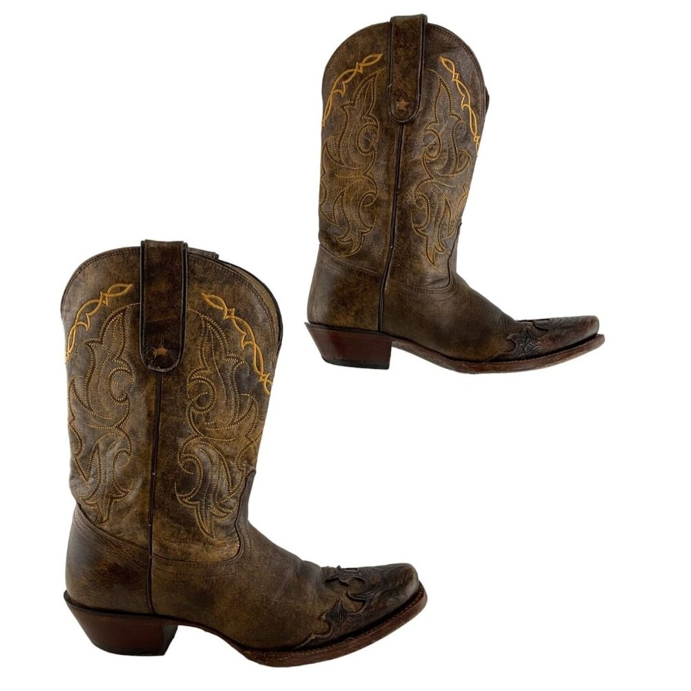 Ladies Tony Lama Brown Leather Square Toe Western Cowgirl Boots Size 9 B